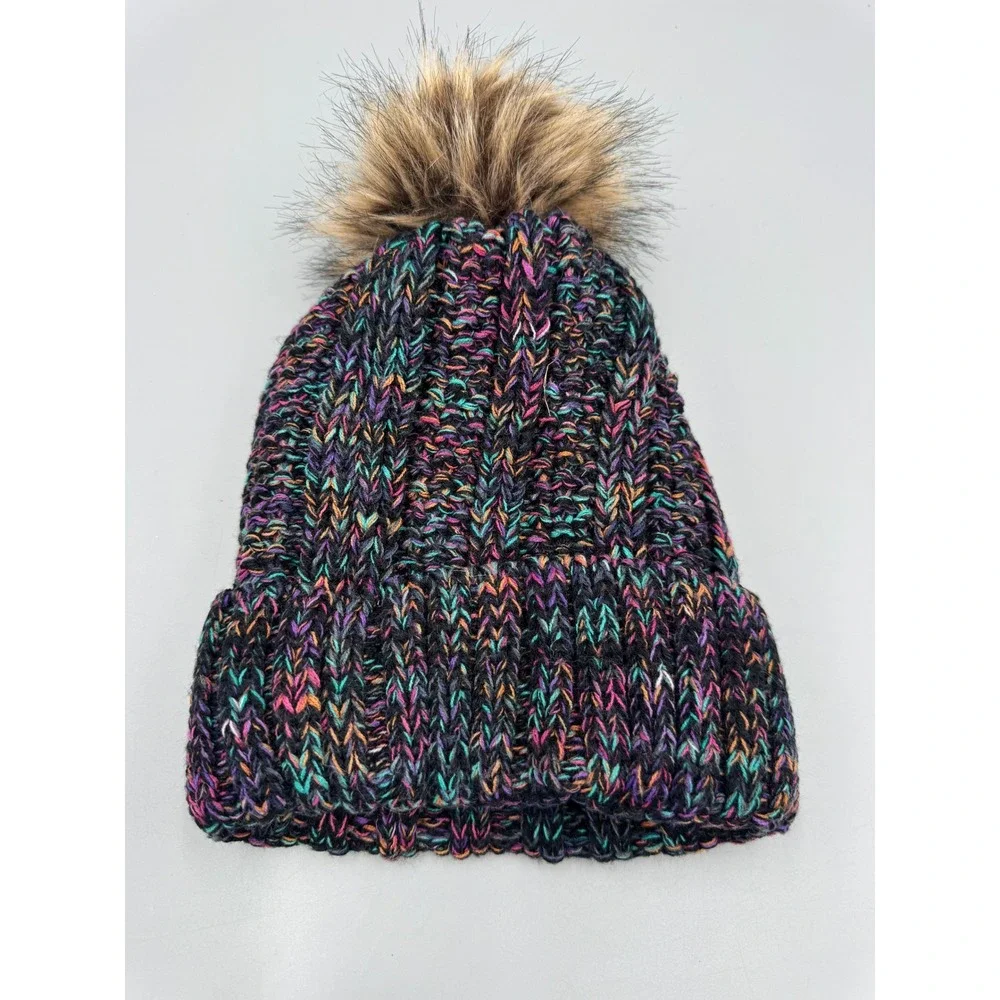 C.C Exclusives Multi-Color Confetti Cable Knit Beanie Faux Fur Pom Hat Cap